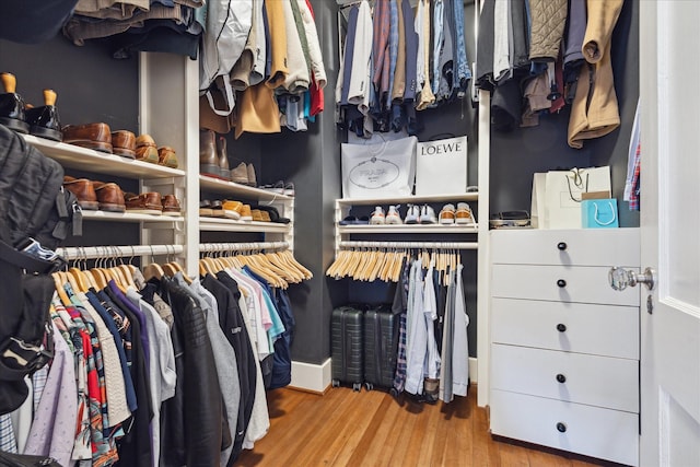 walk in closet with wood finished floors