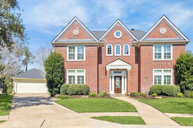 view of front facade featuring a front yard, an outbuilding, and brick siding