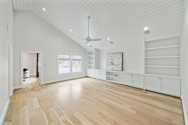 unfurnished living room featuring ceiling fan, built in shelves, wooden ceiling, baseboards, and light wood finished floors