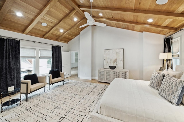 bedroom featuring light wood-type flooring, wooden ceiling, and beam ceiling