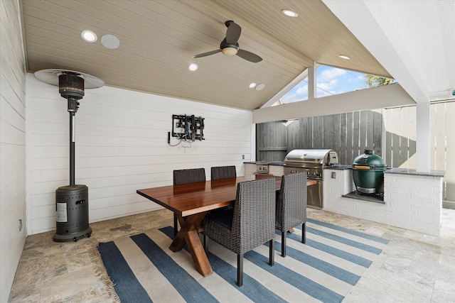 dining area featuring recessed lighting, vaulted ceiling, wooden walls, ceiling fan, and wooden ceiling