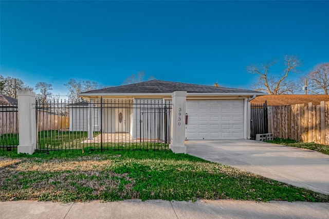 view of front of property with a fenced front yard, concrete driveway, a garage, and stucco siding