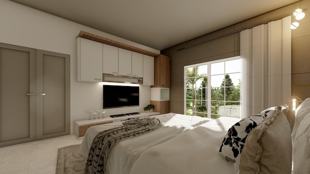 bedroom featuring light tile patterned floors and access to outside