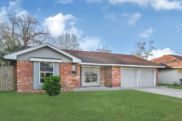 ranch-style home featuring brick siding, an attached garage, a front yard, fence, and driveway