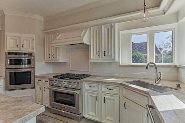 kitchen with a sink, appliances with stainless steel finishes, custom exhaust hood, and ornamental molding