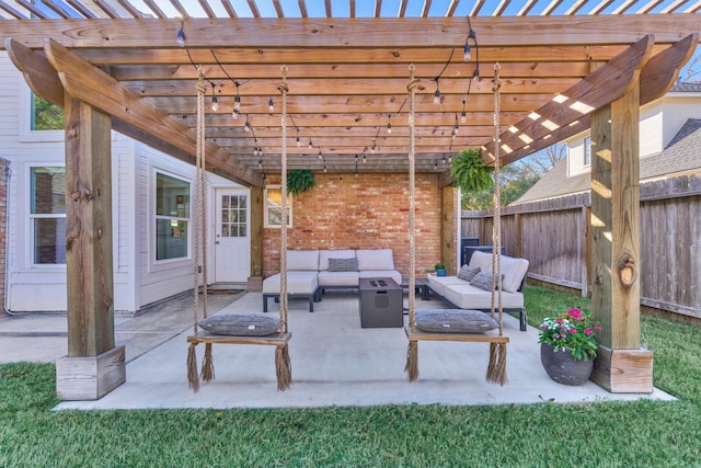 view of patio / terrace featuring outdoor lounge area, fence, and a pergola