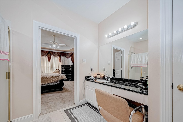 full bath featuring ensuite bath, ceiling fan, tile patterned floors, a tray ceiling, and vanity