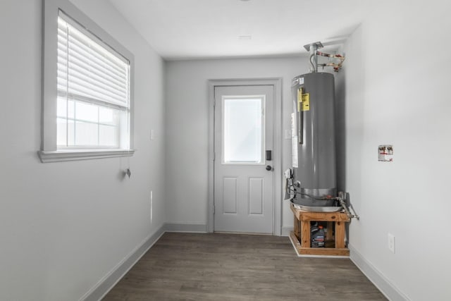 entryway featuring water heater, baseboards, and wood finished floors