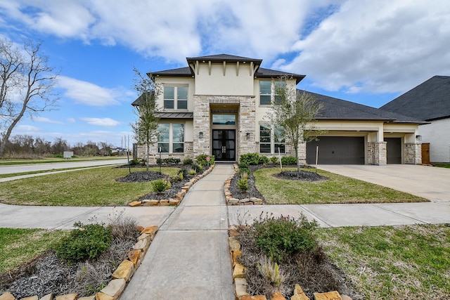 view of front of property featuring stucco siding, a garage, stone siding, driveway, and a front lawn