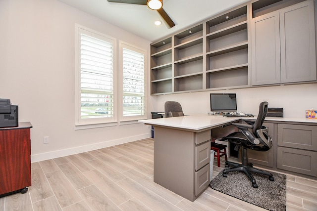 office area with wood tiled floor, baseboards, and recessed lighting