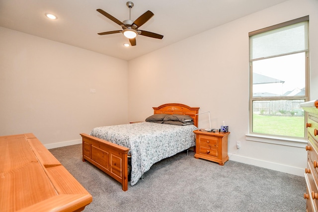 bedroom with ceiling fan, recessed lighting, carpet flooring, and baseboards