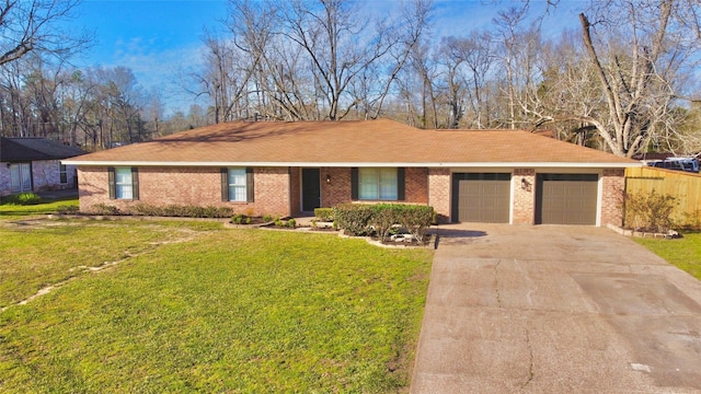 ranch-style house with an attached garage, driveway, a front lawn, and brick siding