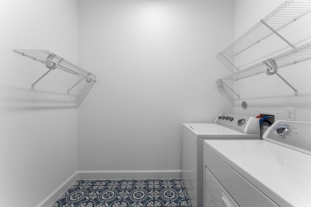 laundry room with washing machine and dryer, laundry area, tile patterned flooring, and baseboards