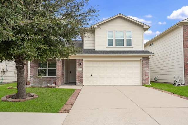 view of front facade with a garage, brick siding, a shingled roof, concrete driveway, and a front lawn