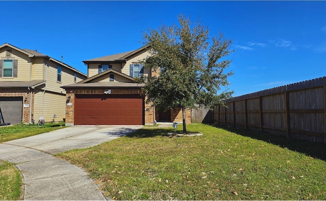 view of front of home with brick siding, concrete driveway, fence, a garage, and a front lawn