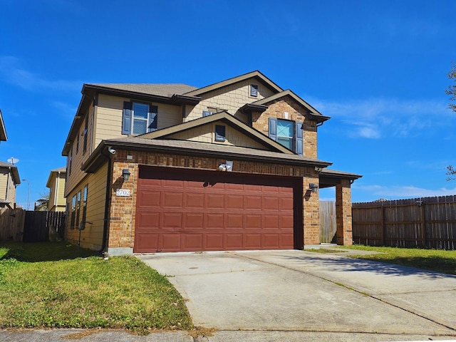 view of front of property featuring an attached garage, brick siding, fence, concrete driveway, and a front yard