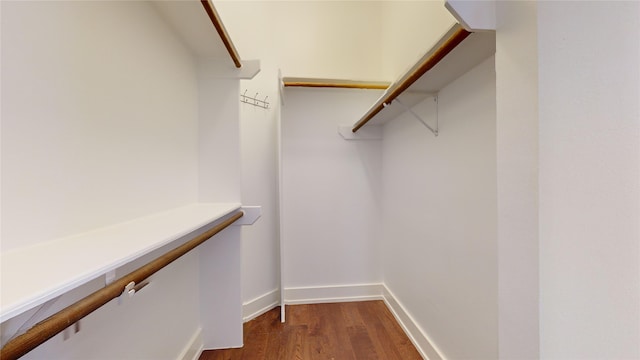 walk in closet with dark wood-type flooring