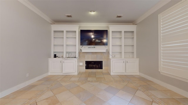 unfurnished living room featuring light tile patterned floors, visible vents, baseboards, ornamental molding, and a fireplace