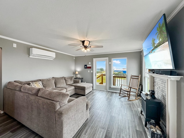 living area with dark wood-style floors, ornamental molding, a textured ceiling, and a wall mounted AC