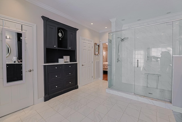 full bathroom with a marble finish shower, ornamental molding, connected bathroom, vanity, and baseboards