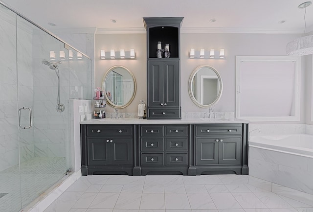 full bathroom with a garden tub, ornamental molding, a stall shower, and a sink