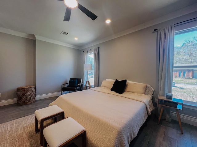 6804 Broadleaf Dr, Beaumont, TX 77708 - bedroom with baseboards, wood finished floors, ornamental molding, recessed lighting, and a ceiling fan