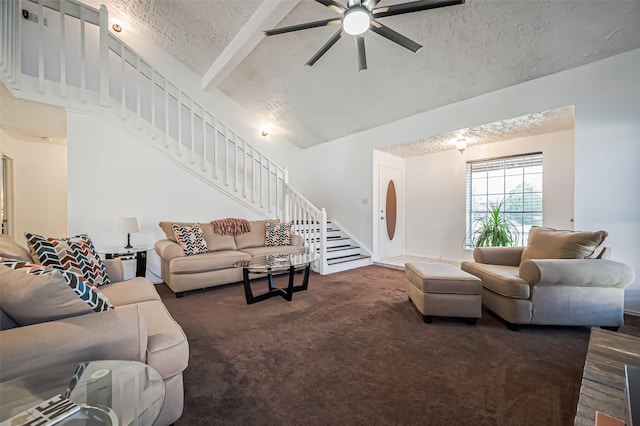 living room with carpet floors, vaulted ceiling with beams, a ceiling fan, a textured ceiling, and stairs