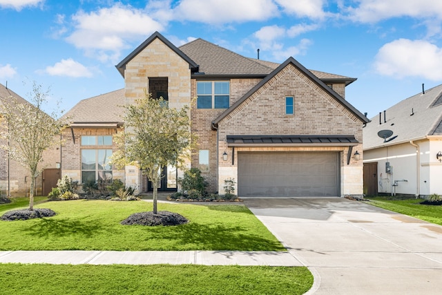 view of front facade featuring driveway, a garage, a shingled roof, a front yard, and brick siding