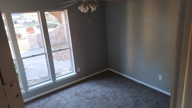 unfurnished room with baseboards, carpet floors, ceiling fan, and a healthy amount of sunlight