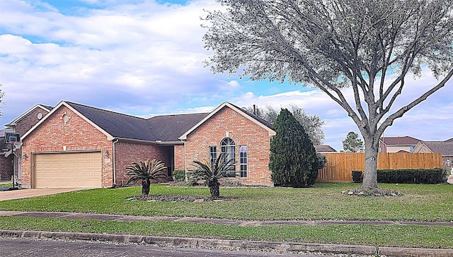 view of front of property with driveway, fence, a front yard, a garage, and brick siding