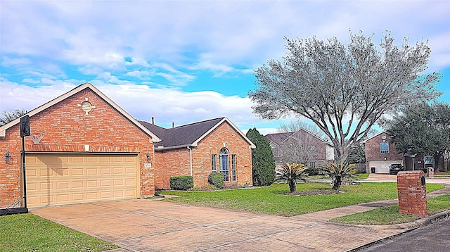 view of front of house featuring brick siding, a shingled roof, a front yard, a garage, and driveway