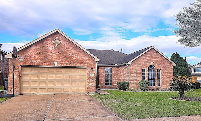 ranch-style home featuring roof with shingles, an attached garage, a front lawn, concrete driveway, and brick siding