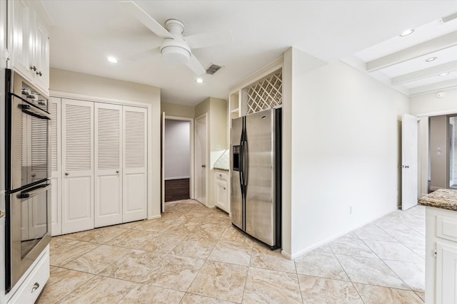 kitchen with visible vents, white cabinets, a ceiling fan, appliances with stainless steel finishes, and recessed lighting