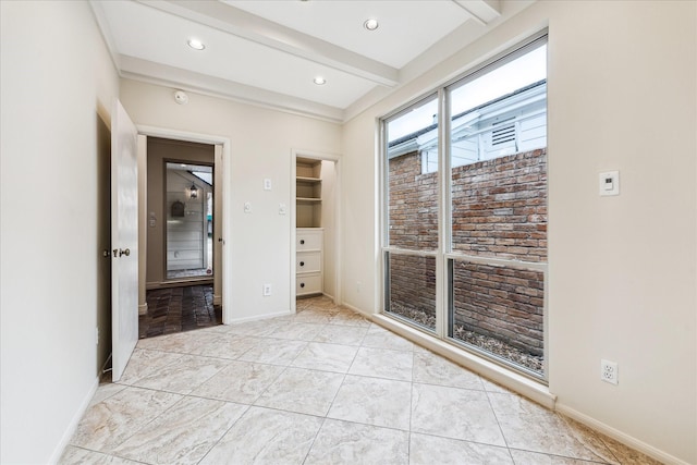 unfurnished room featuring recessed lighting, beam ceiling, baseboards, and light tile patterned floors