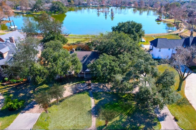 drone / aerial view with a water view