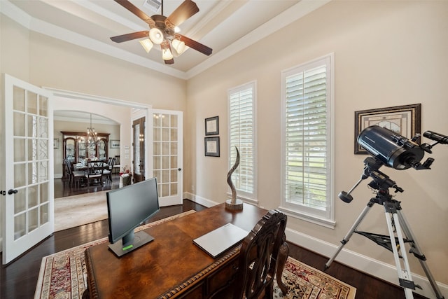 office space with dark wood-type flooring, french doors, ornamental molding, and baseboards