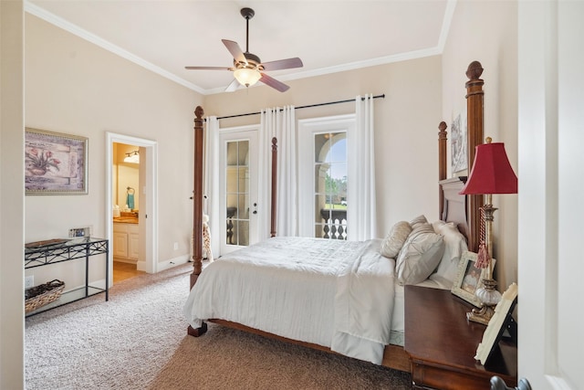 bedroom with access to exterior, crown molding, ensuite bathroom, carpet flooring, and baseboards