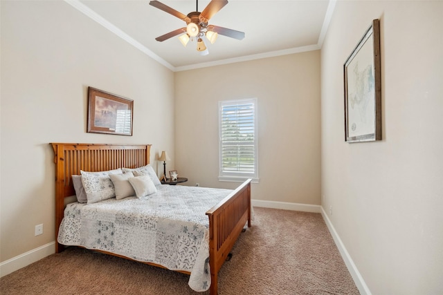 bedroom with baseboards, ornamental molding, a ceiling fan, and light colored carpet