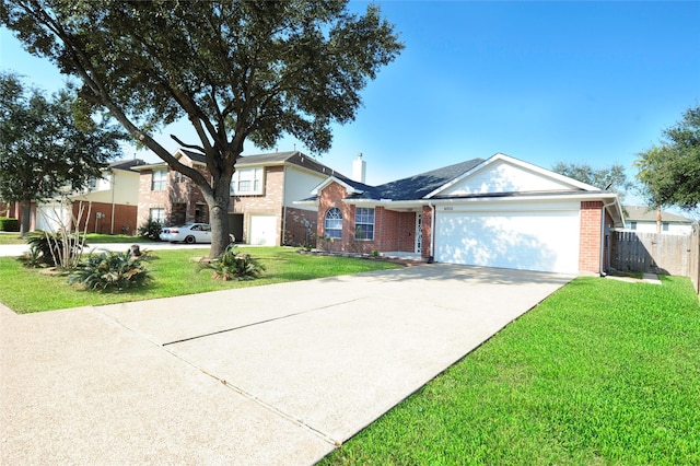 ranch-style home with driveway, an attached garage, fence, a front lawn, and brick siding