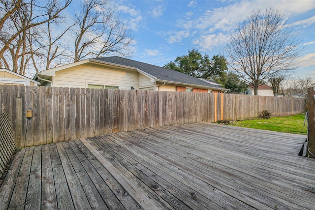 wooden deck with a yard and a fenced backyard