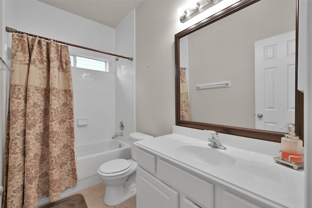 full bathroom featuring tile patterned flooring, vanity, toilet, and shower / tub combo with curtain