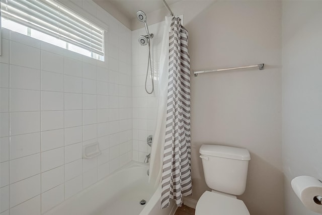 full bathroom with shower / bathtub combination with curtain and toilet