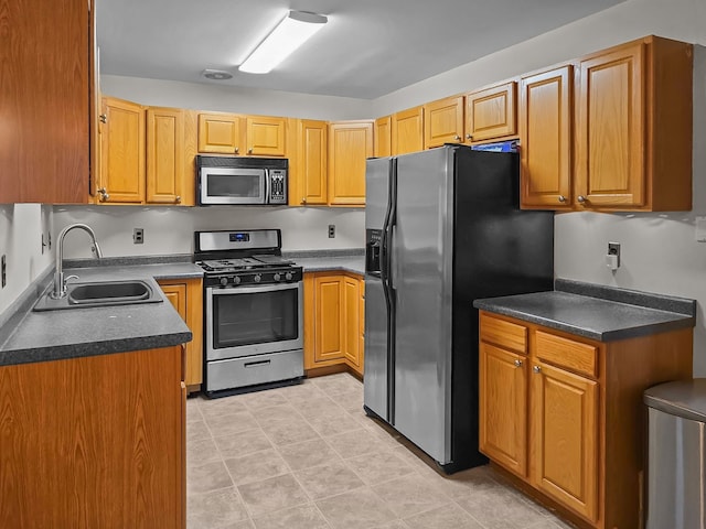 kitchen with appliances with stainless steel finishes, dark countertops, and a sink