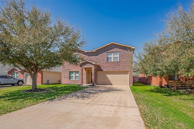 traditional-style home featuring a front yard, concrete driveway, and brick siding