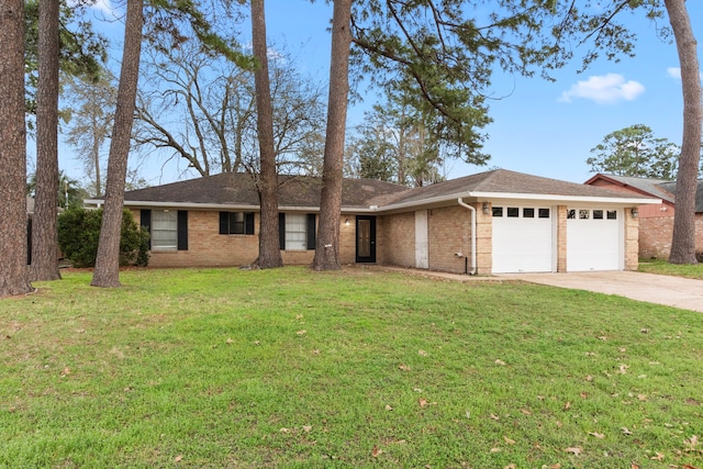 single story home with an attached garage, driveway, a front lawn, and brick siding