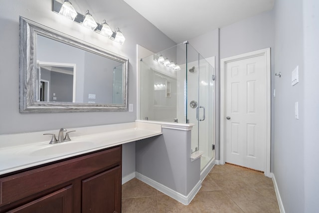 bathroom featuring baseboards, a stall shower, vanity, and tile patterned floors