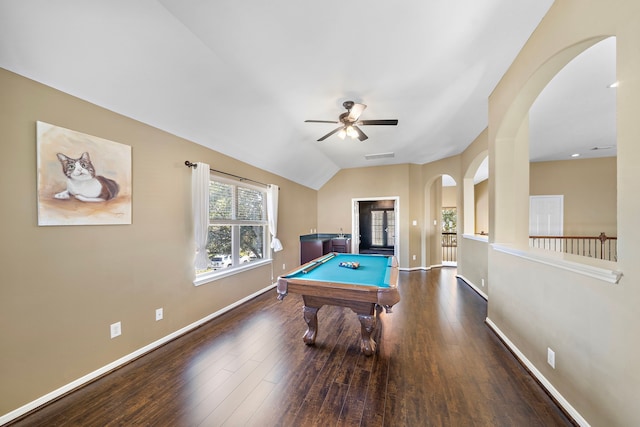 game room with pool table, visible vents, vaulted ceiling, baseboards, and hardwood / wood-style flooring