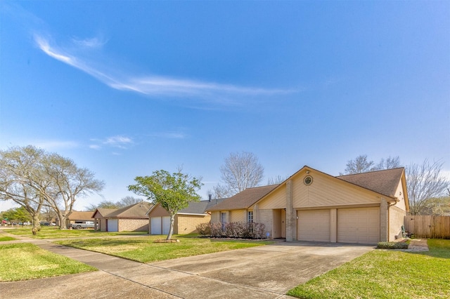 single story home featuring a garage, a front yard, concrete driveway, and brick siding