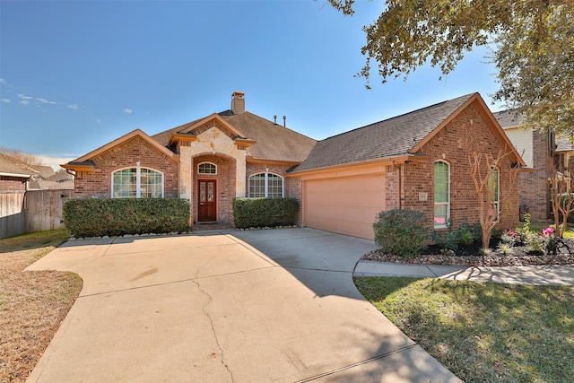 view of front of property featuring brick siding, a chimney, concrete driveway, an attached garage, and fence