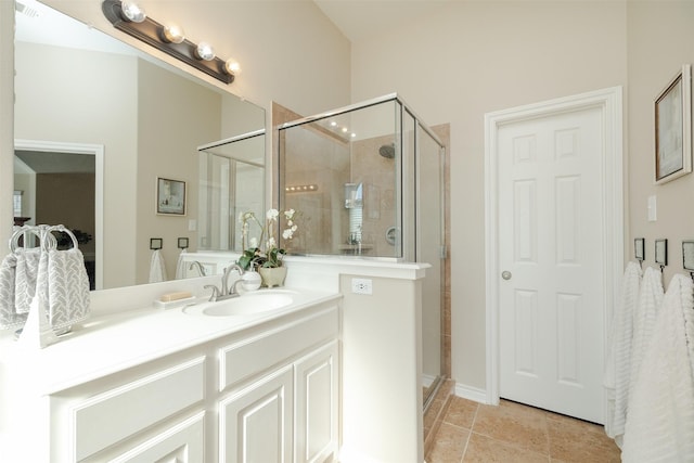 full bathroom featuring a stall shower, vanity, and tile patterned floors